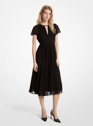 Michael Kors Pleated Georgette Midi Dress Kleid Damen Schwarz | MV6510793
