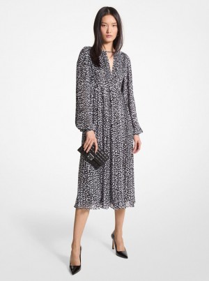 Michael Kors Pleated Leopard Print Georgette Midi Dress Kleid Damen Schwarz Weiß | MN5471632