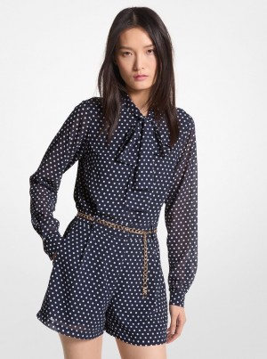 Michael Kors Polka Dot Georgette Belted Tie-Neck Romper Kleid Damen Midnightblue | MV7638492