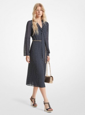 Michael Kors Polka Dot Georgette Tie-Neck Midi Dress Kleid Damen Midnightblue | UX9410536