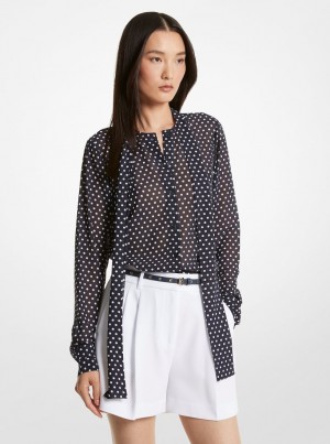 Michael Kors Polka Dot Georgette Tie-Neck Blouse Oberteile Damen Midnightblue | WM6075921