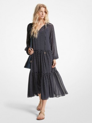 Michael Kors Polka Dot Georgette Tiered Midi Dress Kleid Damen Midnightblue | VQ0523784