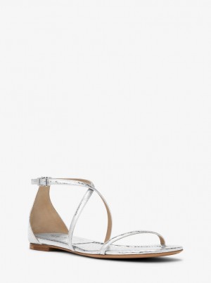 Michael Kors Polly Metallic Python Embossed Leather Sandal Sandalen Damen Silber | DB3204918