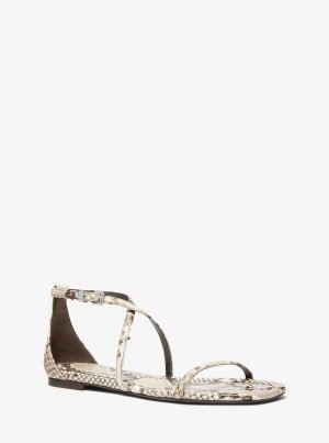 Michael Kors Polly Python Embossed Leather Sandal Flache Schuhe Damen Beige | QU6589140