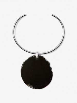 Michael Kors Precious Metal-Plated Brass and Agate Collar Necklace Ketten Damen Schwarz Silber | QI5981740