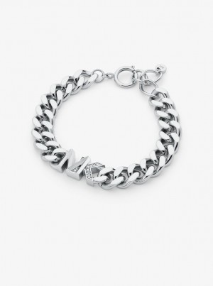 Michael Kors Precious Metal-Plated Brass Pave Logo Curb Link Bracelet Armbänder Damen Silber | BZ1753964