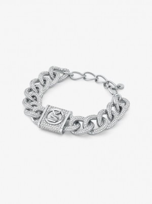 Michael Kors Precious Metal-Plated Brass Pave Lock Curb Link Bracelet Armbänder Damen Silber | WG2793640