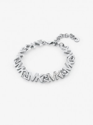 Michael Kors Precious Metal-Plated Brass Pave Logo Chain Bracelet Armbänder Damen Silber | AH7321568