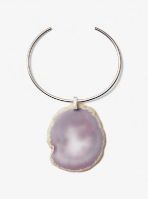 Michael Kors Precious Metal-Plated Brass and Agate Collar Necklace Ketten Damen Silber Grau | EU9640287