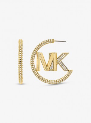 Michael Kors Precious Metal-Plated Brass Pave Logo Hoop Earrings Ohrringe Damen Gold | GC0296845