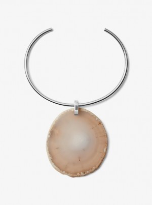 Michael Kors Precious Metal-Plated Brass and Agate Collar Necklace Ketten Damen Silber Grau Braun | JP3410928