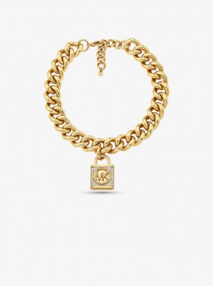 Michael Kors Precious Metal-Plated Brass Pave Lock Curb Link Necklace Ketten Damen Gold | JR4862590