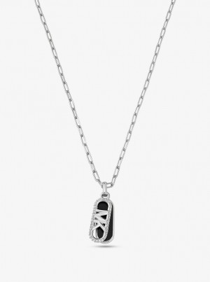 Michael Kors Precious Metal-Plated Brass and Acetate Pave Empire Logo Necklace Ketten Damen Silber | PH6701548