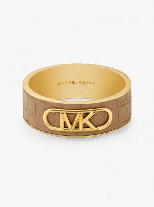 Michael Kors Precious Metal-Plated Brass and Crocodile Embossed Empire Logo Bangle Armbänder Damen Beige | PK5104627
