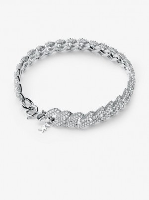 Michael Kors Precious Metal-Plated Sterling Silver Pave Curb Link Bracelet Armbänder Damen Silber | SB8061732
