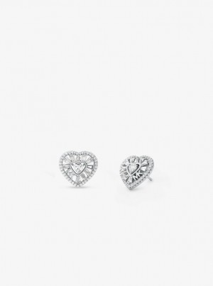 Michael Kors Precious Metal-Plated Sterling Silver Pave Heart Stud Earrings Ohrringe Damen Silber | MW7043512