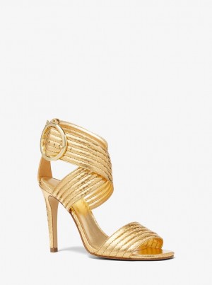 Michael Kors Remi Metallic Snake Embossed Leather Sandal Sandalen Damen Gold | RM9802314