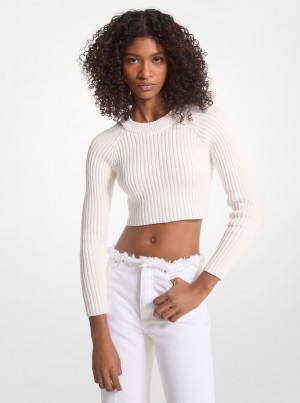 Michael Kors Ribbed Organic Cotton Cropped Sweater Pullover Damen Weiß | QU4359027