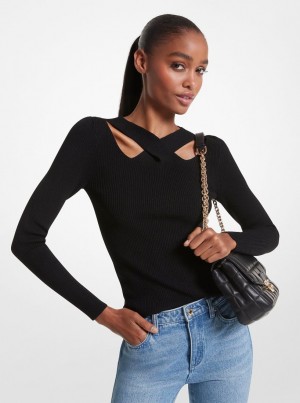 Michael Kors Ribbed Stretch Knit Cutout Sweater Pullover Damen Schwarz | JU0674825