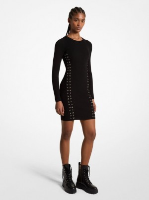 Michael Kors Ribbed Stretch Knit Lace-Up Dress Kleid Damen Schwarz | NI9702368