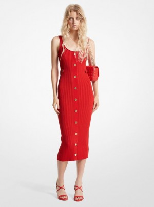 Michael Kors Ribbed Stretch Knit Midi Dress Kleid Damen Rot | AH5281763