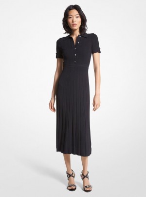 Michael Kors Ribbed Stretch Knit Polo Dress Kleid Damen Schwarz | XU5017639