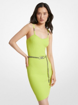 Michael Kors Ribbed Stretch Viscose Belted Bustier Dress Kleid Damen Brt Limeade | EK3981504