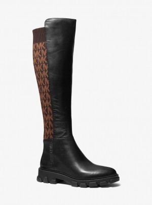 Michael Kors Ridley Leather and Logo Jacquard Knee Boot Stiefel Damen Braun | YW0684172