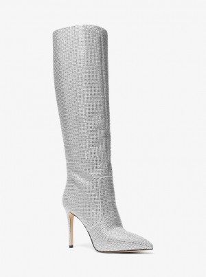 Michael Kors Rue Embellished Glitter Chain-Mesh Knee Boot Stiefel Damen Silber | ZA8143062