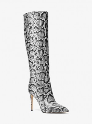 Michael Kors Rue Snake Embossed Leather Knee Boot Stiefel Damen Schwarz | SA4680275