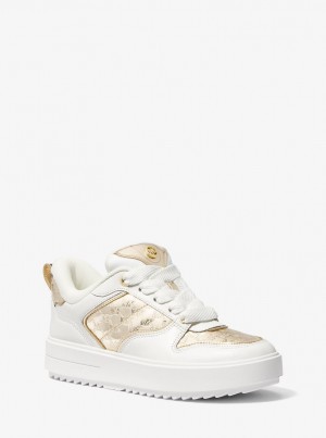Michael Kors Rumi Leather and Logo-Embossed Metallic Platform Sneakers Sneakers Damen Gold | QK1079458