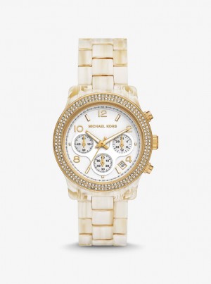 Michael Kors Runway Pave Gold-Tone and Acetate Watch Gold-tone Damen Alabaster | HZ0562843
