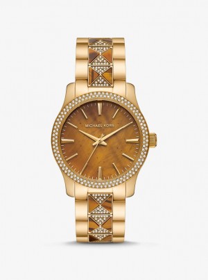 Michael Kors Runway Pave Gold-Tone and Tiger's Eye Watch Gold-tone Damen Gold | DU0153489
