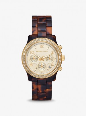 Michael Kors Runway Pave Gold-Tone and Tortoiseshell Acetate Watch Gold-tone Damen Tortoise | AU6352107