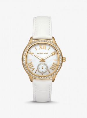 Michael Kors Sage Pave Gold-Tone and Crocodile Embossed Leather Watch Gold-tone Damen Weiß | RP1534902