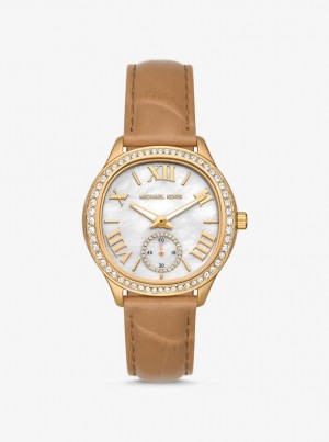 Michael Kors Sage Pave Gold-Tone and Crocodile Embossed Leather Watch Gold-tone Damen Peanut | XC9348267