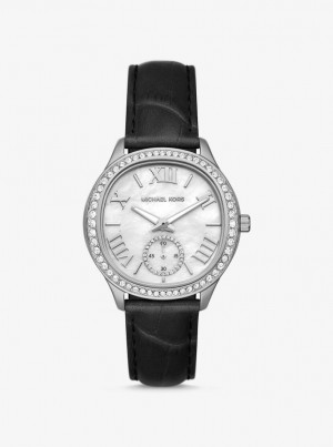 Michael Kors Sage Pave Silver-Tone and Crocodile Embossed Leather Watch Silver-tone Damen Schwarz | BV7382951