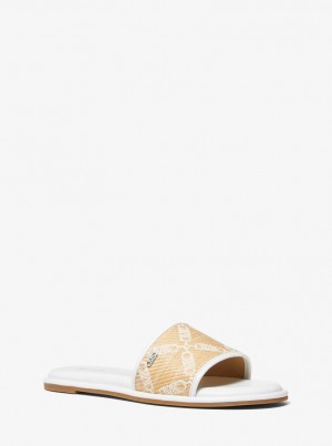 Michael Kors Saylor Empire Logo Jacquard Straw Slide Sandal Sandalen Damen Nat/Opticwht | YV4639782
