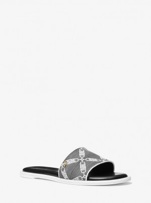 Michael Kors Saylor Empire Logo Jacquard Slide Sandal Sandalen Damen Schwarz Weiß | FL7128304