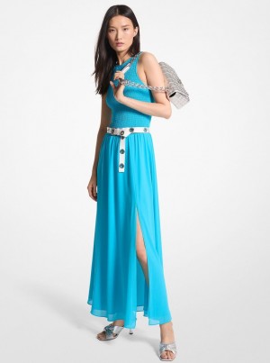 Michael Kors Smocked Georgette Maxi Dress Kleid Damen Blau | NY9316045