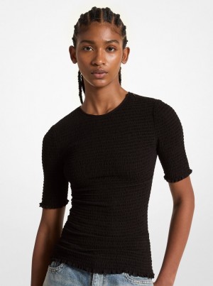 Michael Kors Smocked Georgette Shirt Oberteile Damen Schwarz | FB6913024