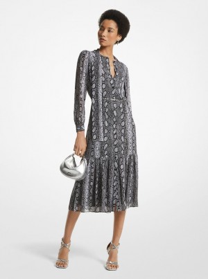 Michael Kors Snake Print Georgette Midi Dress Kleid Damen Schwarz | PG2795831