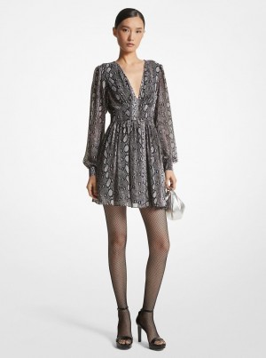 Michael Kors Snake Print Georgette V-Neck Dress Kleid Damen Schwarz | ED5048736