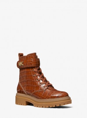 Michael Kors Stark Crocodile Embossed Leather Combat Boot Stiefel Damen Braun | IE4295807