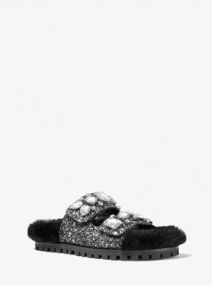 Michael Kors Stark Embellished Glitter and Faux Fur Slide Sandal Hausschuhe Damen Schwarz Silber | QM4519786