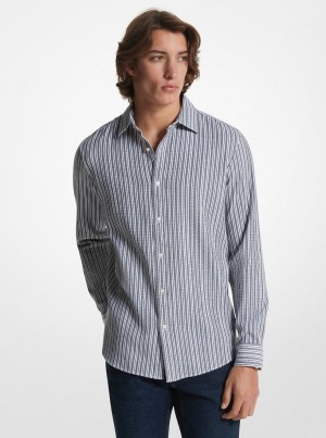 Michael Kors Stretch Cotton Striped Woven Shirt Hemd Herren Midnight | LH4605328