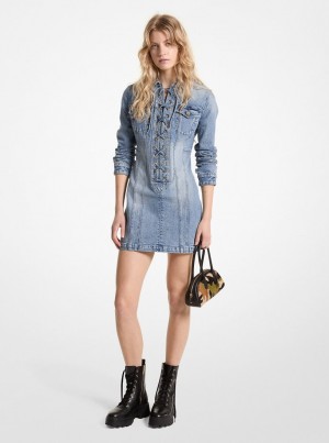 Michael Kors Stretch Denim Lace-Up Mini Dress Kleid Damen Blau Waschen | XO1527038
