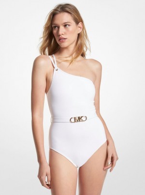 Michael Kors Stretch Nylon Belted One-Shoulder Swimsuit Bademode Damen Weiß | YD8574362