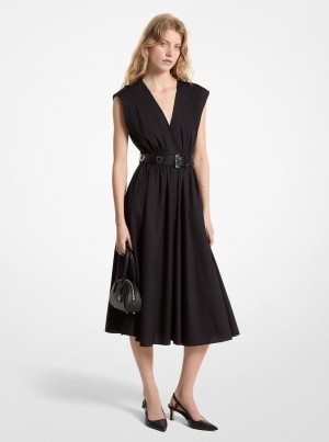 Michael Kors Stretch Organic Cotton Poplin Midi Dress Kleid Damen Schwarz | TB1048539