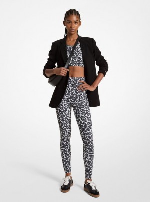 Michael Kors Stretch Recycled Nylon Leopard Logo Leggings Hose Damen Grau | TI2876430